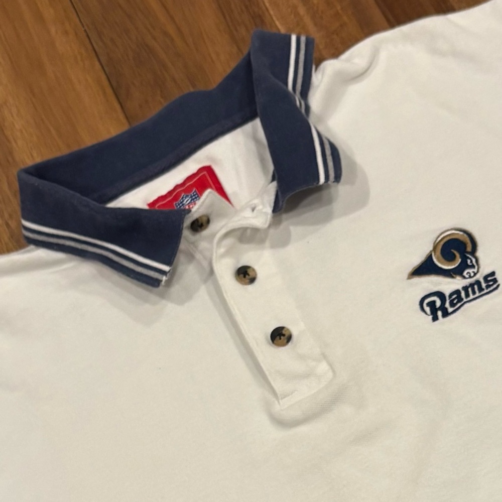 Vintage 90’s NFL St. Louis Rams Polo Shirt XL White Blue Embroidered Logo